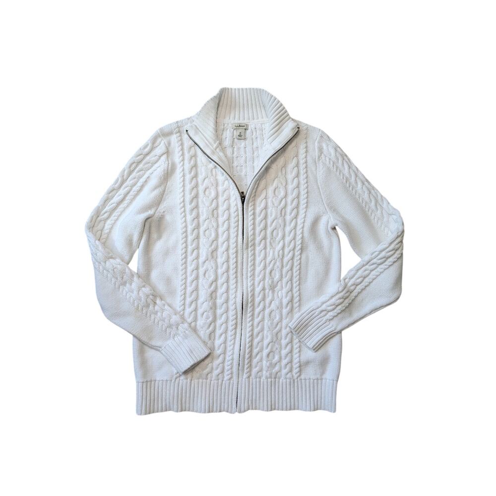 L.L. Bean Womens Medium Regular Off White Cable Knit Full Zip Cardigan Sweater
